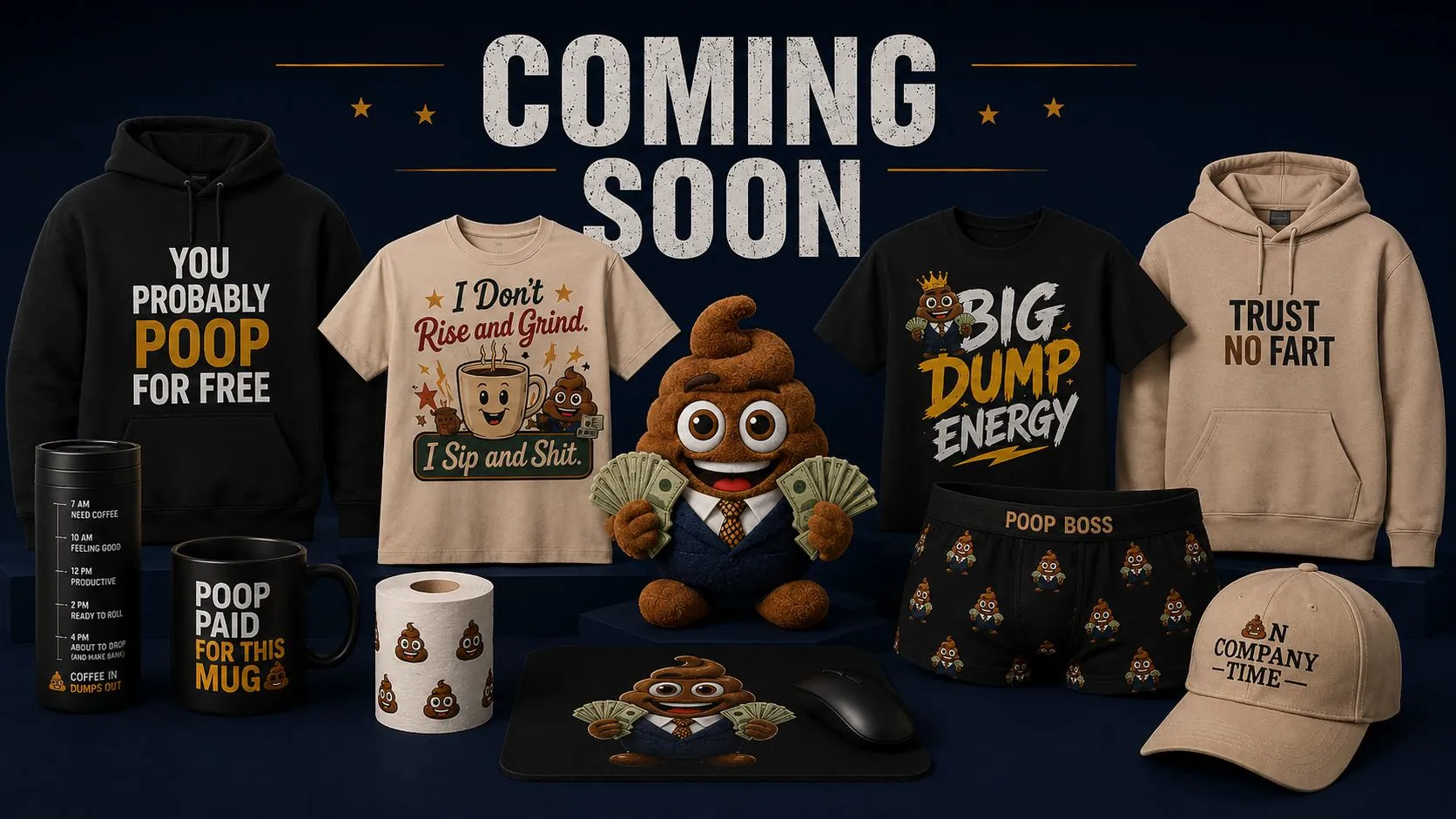 Poop Profit merch coming soon, hoodies, tees, mugs, hats and more