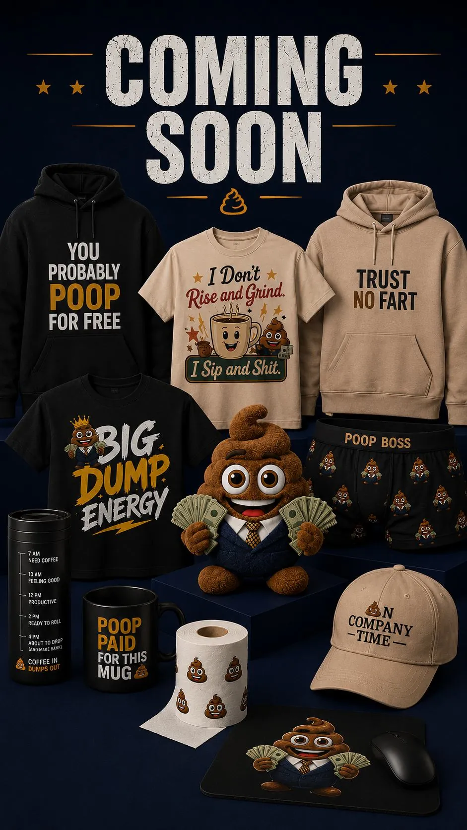 Poop Profit merch coming soon, hoodies, tees, mugs, hats and more